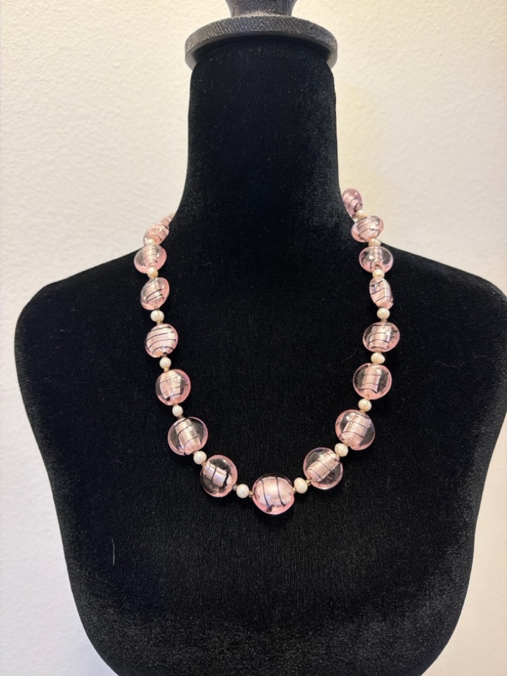 Pink Glass Bead Necklace with Pearl Accents